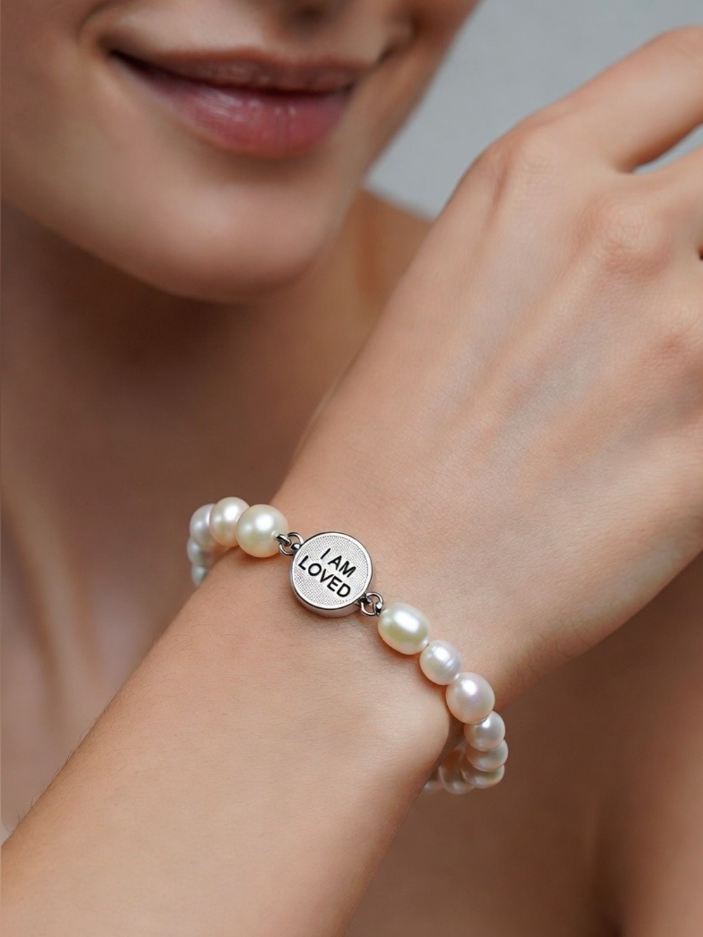 I AM LOVED Freshwater Cultured Pearl Bracelet, Round Charm Clasp Sterling Silver